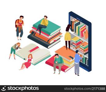 Virtual library. Online Book Club. Tiny people sitting on huge stack on books, men and women reading, electronic literature, bookshelf in ebook, internet education vector cartoon flat isolated concept. Virtual library. Online Book Club. Tiny people sitting on huge stack on books, men and women reading, electronic literature, bookshelf in ebook, internet education vector concept