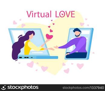 Virtual Love. Cartoon Man and Woman on Computer Digital Device Screen Vector Illustration. People Romantic Relationship, Internet Romance Flirt. Find Date Couple, Notebook Mobile Phone Application. Virtual Love Cartoon Man Woman on Computer Screen