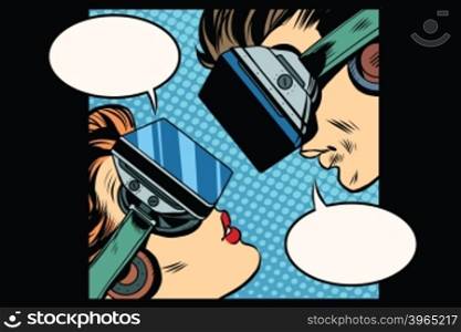 Virtual love man woman glasses virtual reality pop art retro vector. Couple love. Virtual acquaintance. The Internet acquaintance. Science fiction romance. Virtual love man woman vr glasses
