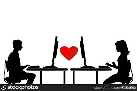 Virtual love. Two people communicate through the Internet. A vector illustration