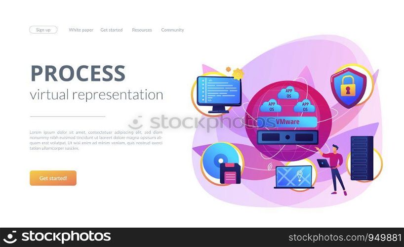 Virtual machines. Operating system and data storage. Virtualization technology, process virtual representation, reduce IT expenses concept. Website homepage landing web page template.. Virtualization technology concept landing page