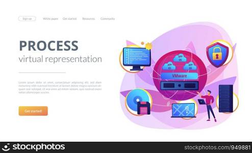 Virtual machines. Operating system and data storage. Virtualization technology, process virtual representation, reduce IT expenses concept. Website homepage landing web page template.. Virtualization technology concept landing page
