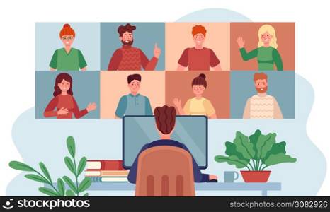Virtual meeting. Man chatting with group people, online meetings remote working during coronavirus, internet webinar flat vector concept. Illustration video call, web discussion teamwork. Virtual meeting. Man chatting with group people, online meetings remote working during coronavirus, internet webinar flat vector concept