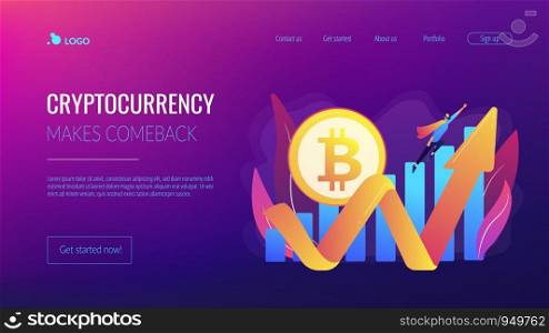 Virtual money capitalization rise. Blockchain technology. Cryptocurrency makes comeback, bitcoin price back, cryptocurrency market growth concept. Website homepage landing web page template.. Cryptocurrency makes comeback concept landing page