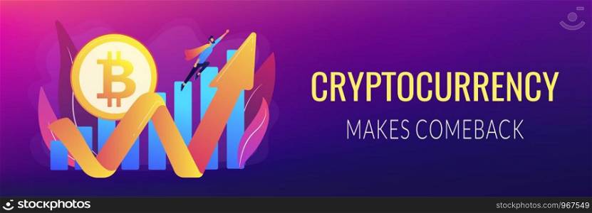 Virtual money capitalization rise. Blockchain technology. Cryptocurrency makes comeback, bitcoin price back, cryptocurrency market growth concept. Header or footer banner template with copy space.. Cryptocurrency makes comeback concept banner header