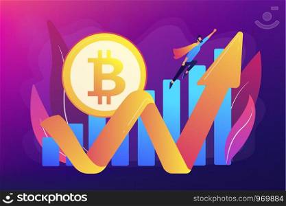 Virtual money capitalization rise. Blockchain technology. Cryptocurrency makes comeback, bitcoin price back, cryptocurrency market growth concept. Bright vibrant violet vector isolated illustration