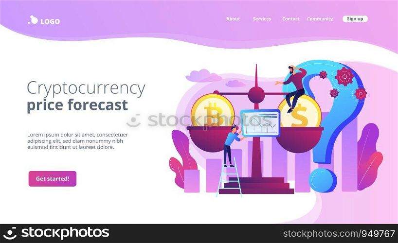 Virtual money exchange, market statistics analysis. Bitcoin price prediction, cryptocurrency price forecast, blockchain invest profitability concept. Website homepage landing web page template.. Bitcoin price prediction concept landing page