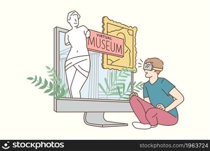 Virtual museum and technologies concept. Smiling boy cartoon character sitting looking at laptop screen with virtual museum online vector illustration . Virtual museum and technologies concept.