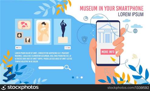 Virtual Museum in Smartphone Application Webpage Mockup. Art Gallery Mobile App. Classic and Ancient Paintings, Statues Digital Collection. Human Hand Holding Phone. Vector illustration