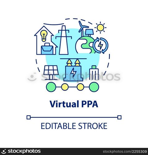Virtual PPA concept icon. Buying renewable energy. Types of power purchase agreement abstract idea thin line illustration. Isolated outline drawing. Editable stroke. Arial, Myriad Pro-Bold fonts used. Virtual PPA concept icon