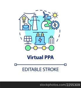 Virtual PPA concept icon. Buying renewable energy. Types of power purchase agreement abstract idea thin line illustration. Isolated outline drawing. Editable stroke. Arial, Myriad Pro-Bold fonts used. Virtual PPA concept icon