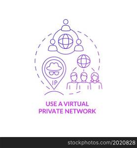 Virtual private network protecting data purple concept icon. Online privacy with VPN abstract idea thin line illustration. Internet connection safety. Vector isolated outline color drawing. Virtual private network protecting data purple concept icon