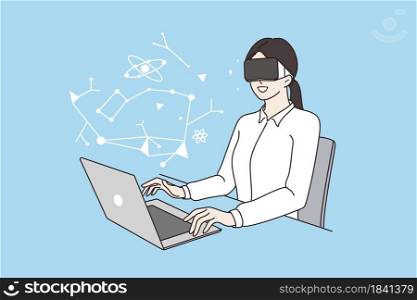 Virtual reality at work concept. Young smiling casual businesswoman sitting at laptop in office in virtual reality headset working in program vector illustration . Virtual reality at work concept