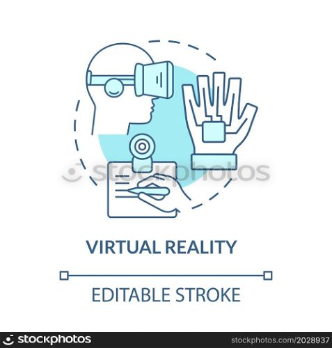 Virtual reality blue concept icon. Modern devices of work and fun. Technology of augmented reality abstract idea thin line illustration. Vector isolated outline color drawing. Editable stroke. Virtual reality blue concept icon