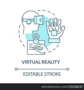 Virtual reality blue concept icon. Modern devices of work and fun. Technology of augmented reality abstract idea thin line illustration. Vector isolated outline color drawing. Editable stroke. Virtual reality blue concept icon