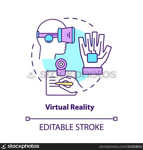 Virtual reality concept icon. Modern devices of work and fun. Technology of augmented reality abstract idea thin line illustration. Vector isolated outline color drawing. Editable stroke. Virtual reality concept icon