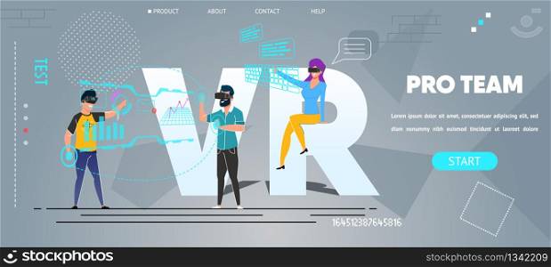 Virtual Reality Creation by Pro Team Landing Page Flat Cartoon Template. Development, Programming, Coding and Testing New Online Video Game, Future Tech. Vector Men and Woman Teamwork Illustration. Virtual Reality Creation Landing Page Template
