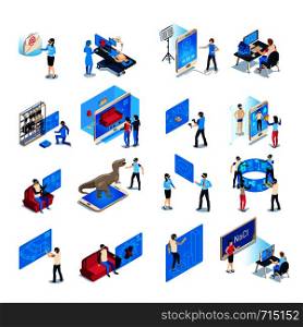 Virtual reality device. Isometric immersion training experience in vr equipment. Immersed human, virtual communication or augmented reality education. Isolated icons vector illustration collection. Virtual reality device. Isometric immersion training experience in vr equipment. Immersed human vector illustration collection