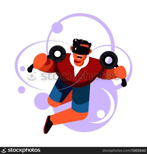 Virtual reality entertainment man wearing vr goggles and moving around vector modern relaxation of youth technologies and new futuristic possibilities of humanity foliage and leaves decoration.. Virtual reality entertainment man wearing vr goggles and moving