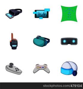 Virtual reality equipment icons set. Cartoon set of 9 virtual reality equipment vector icons for web isolated on white background. Virtual reality equipment parts icons set