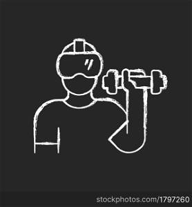 Virtual reality fitness chalk white icon on dark background. VR exercises. Sport gamification. Boxing simulator, Special equipment. Isolated vector chalkboard illustration on black. Virtual reality fitness chalk white icon on dark background.