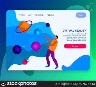 Virtual reality flat and colored landing page with booking page for internet site vector illustration