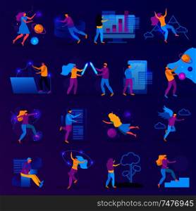 Virtual reality flat icon set with girls and boys gaming in vr glasses vector illustration
