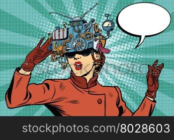 Virtual reality glasses retro girl science fiction, pop art vector. Futuristic mechanism of virtual reality