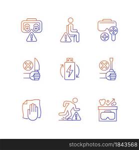Virtual reality guide gradient linear vector manual label icons set. Thin line contour symbols bundle. Isolated vector outline illustrations collection on black and white for product use instructions. Virtual reality guide gradient linear vector manual label icons set