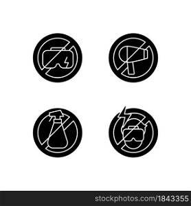 Virtual reality headset care black glyph manual label icons set on white space. Virtual reality glasses hygiene. Silhouette symbols. Vector isolated illustration for product use instructions. Virtual reality headset care black glyph manual label icons set on white space