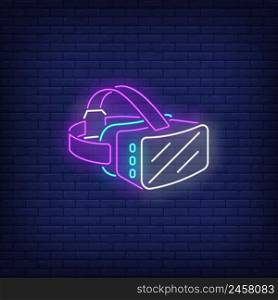 Virtual reality headset neon sign. Technology, innovation, gaming design. Night bright neon sign, colorful billboard, light banner. Vector illustration in neon style.