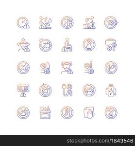 Virtual reality headset usage gradient linear vector manual label icons set. Thin line contour symbols bundle. Isolated outline illustrations collection for product use instructions. Virtual reality headset gradient linear vector manual label icons set