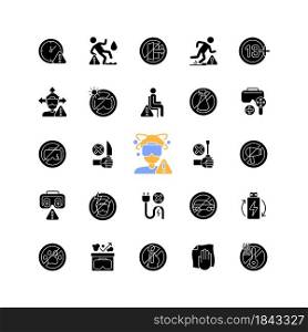 Virtual reality headset usage instruction black glyph manual label icons set on white space. VR device restrictions. Silhouette symbols. Vector isolated illustration for product use instructions. Vr headset black glyph manual label icons set on white space