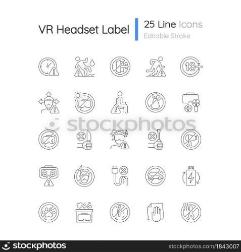 Virtual reality headset usage linear manual label icons set. Customizable thin line contour symbols. Isolated vector outline illustrations for product use instructions. Editable stroke. Virtual reality headset usage linear manual label icons set