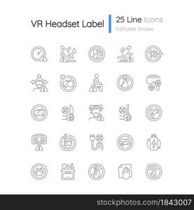 Virtual reality headset usage linear manual label icons set. Customizable thin line contour symbols. Isolated vector outline illustrations for product use instructions. Editable stroke. Virtual reality headset usage linear manual label icons set
