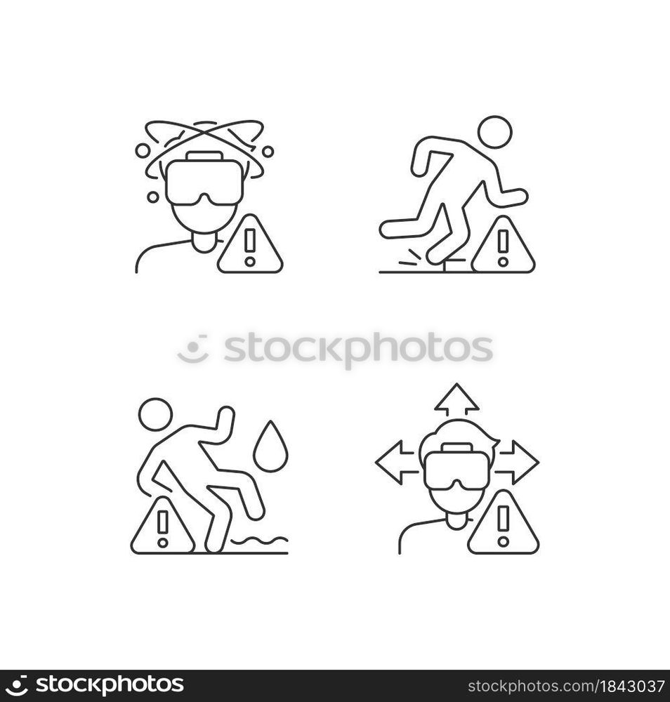 Virtual reality headset warning linear manual label icons set