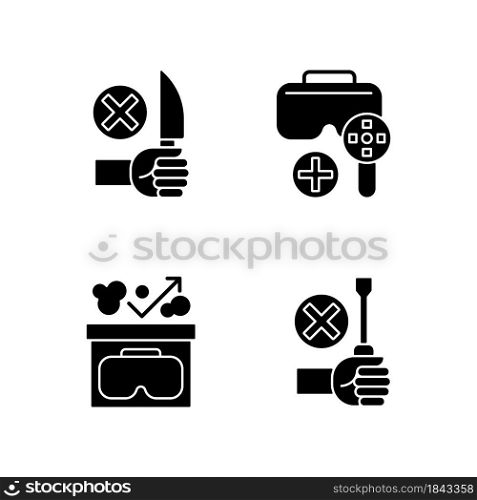 Virtual reality helmet usage guide black glyph manual label icons set on white space. VR glasses instructions. Silhouette symbols. Vector isolated illustration for product use instructions. Virtual reality helmet usage guide black glyph manual label icons set on white space