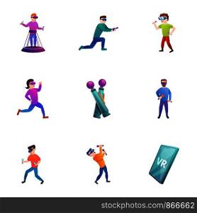 Virtual reality icon set. Cartoon set of 9 virtual reality vector icons for web design isolated on white background. Virtual reality icon set, cartoon style