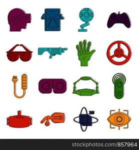 Virtual reality icons set. Doodle illustration of vector icons isolated on white background for any web design. Virtual reality icons doodle set