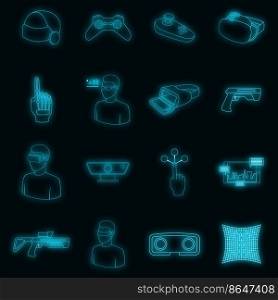 Virtual reality icons set. Illustration of 16 virtual reality vector icons neon color on black. Virtual reality icons set vector neon