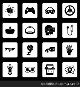 Virtual reality icons set in white squares on black background simple style vector illustration. Virtual reality icons set squares vector