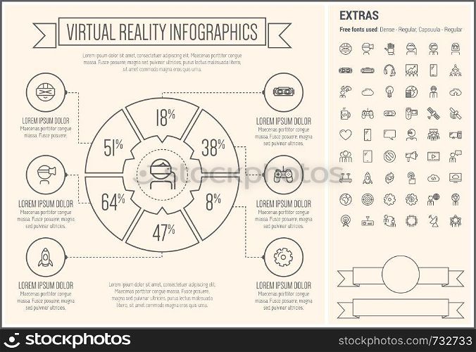 Virtual Reality infographic template and elements. The template includes the following set of icons - Virtual reality headset, gaming, robotic hand, smartphone, megaphone, filmstrip, target board, global, bulb and more. Modern minimalistic flat thin line vector design. Beige background with grey line elements.. Virtual Reality Line Design Infographic Template