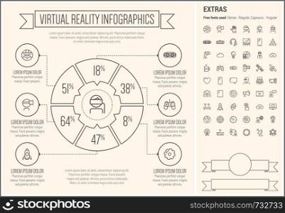 Virtual Reality infographic template and elements. The template includes the following set of icons - Virtual reality headset, gaming, robotic hand, smartphone, megaphone, filmstrip, target board, global, bulb and more. Modern minimalistic flat thin line vector design. Beige background with grey line elements.. Virtual Reality Line Design Infographic Template