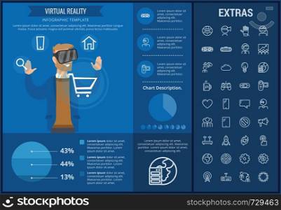 Virtual reality infographic template, elements and icons. Infograph includes customizable graphs, charts, line icon set with virtual reality glasses, vr technology, video games, tech app etc.. Virtual reality infographic template and elements.