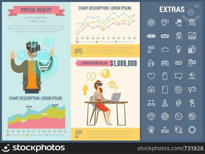 Virtual reality infographic template, elements and icons. Infograph includes customizable graphs, charts, line icon set with virtual reality glasses, vr technology, video games, tech app etc.. Virtual reality infographic template and elements.