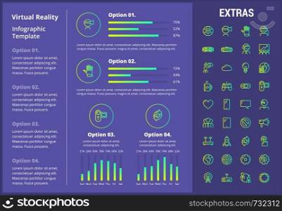 Virtual reality infographic template, elements and icons. Infograph includes customizable graphs, four options, line icon set with virtual reality glasses, vr technology, video games, tech app etc.. Virtual reality infographic template and elements.