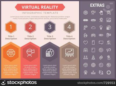 Virtual reality infographic timeline template, elements and icons. Infograph includes numbered options, line icon set with virtual reality glasses, vr technology, video game console, tech app etc.. Virtual reality infographic template and elements.