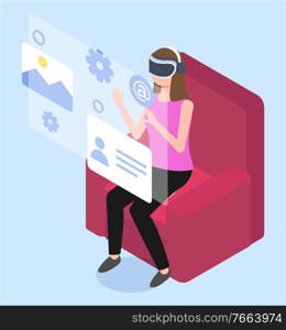 Virtual reality isometric woman on armchair, woman in headset and goggles immersing in vr world vector. Augmented vr work, gadget interface for entertainment. Settings and social media, mail. Isometric Woman Touching Virtual Reality Interface