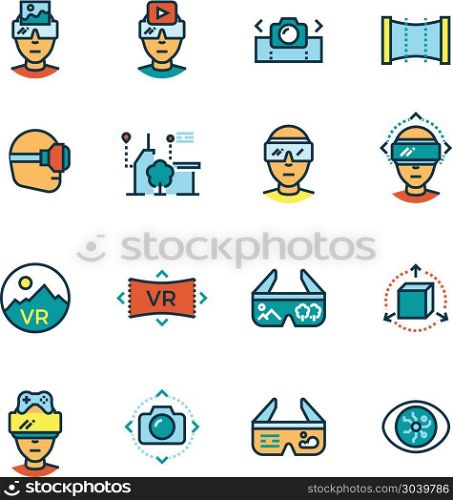 Virtual reality on computer, visual communication innovation. Virtual reality, virtual computer, visual communication innovation future technologies thin line icons with color flat elements. Vector illustration