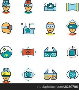Virtual reality on computer, visual communication innovation. Virtual reality, virtual computer, visual communication innovation future technologies thin line icons with color flat elements. Vector illustration